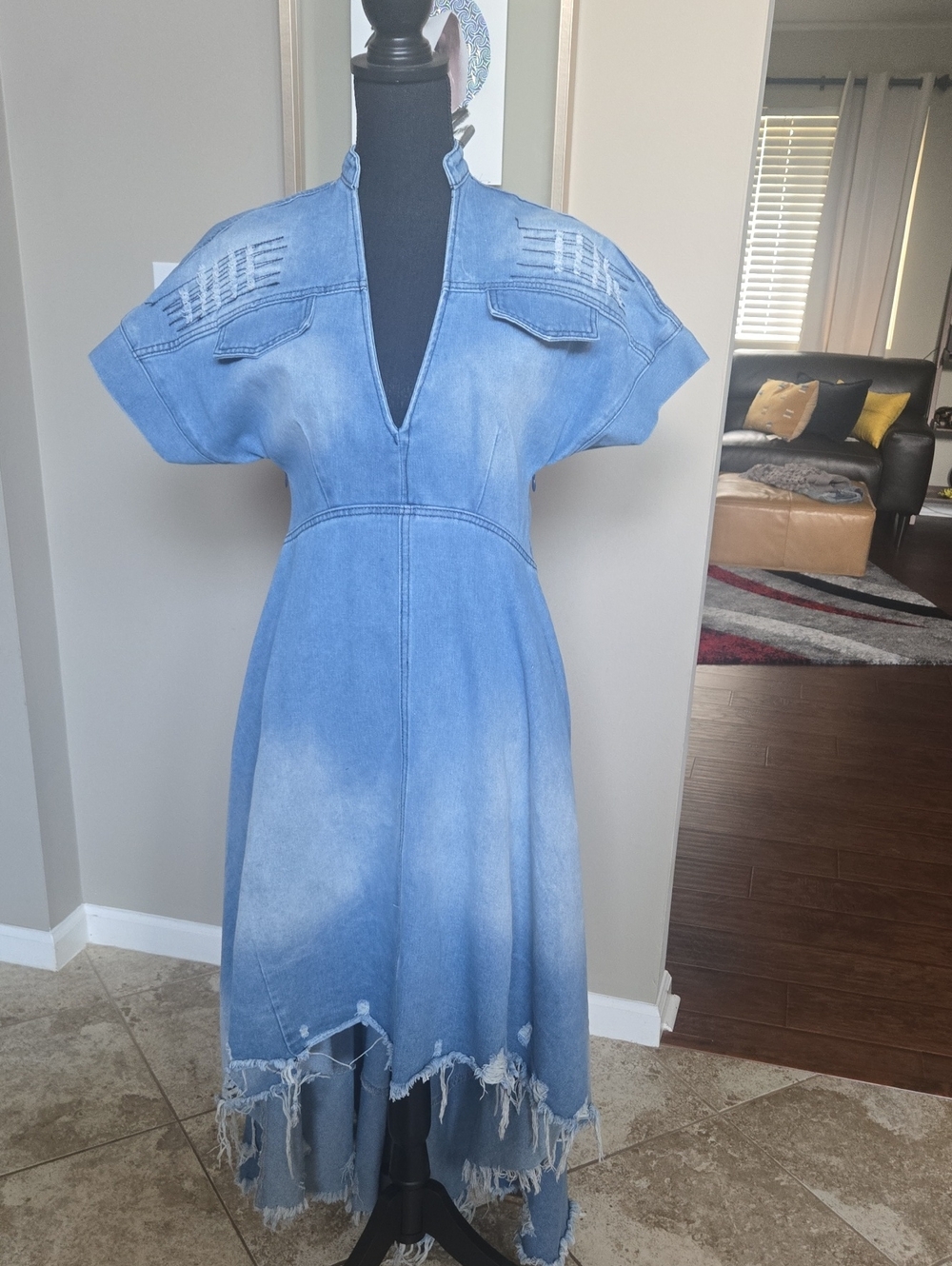 Blue Denim V-Neck Midi Dress with Frayed Hem